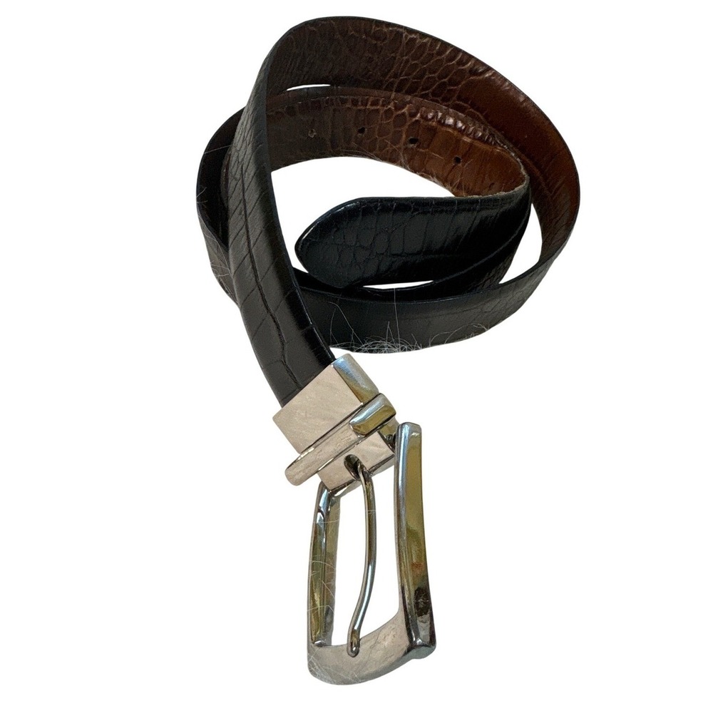 Reversible Black‎ Brown Crocodile Embossed Belt Adjustable Silver Buckle